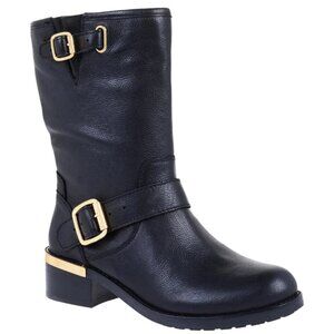 Vince Camuto WENDEEMA Boots Black Butter Calf Leather Gold Zipper Buckles NEW